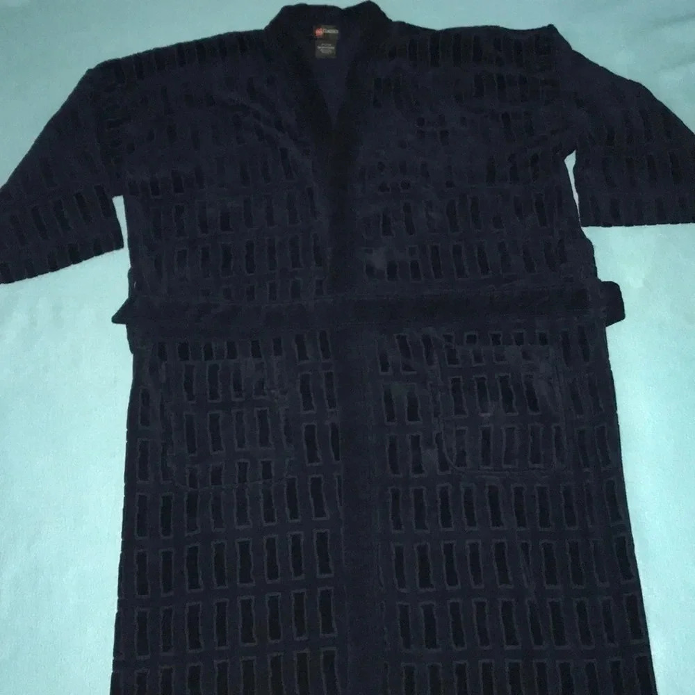 HANES CLASSICS Lounge wear bath robe dark blue 2 pockets cotton size OSFA